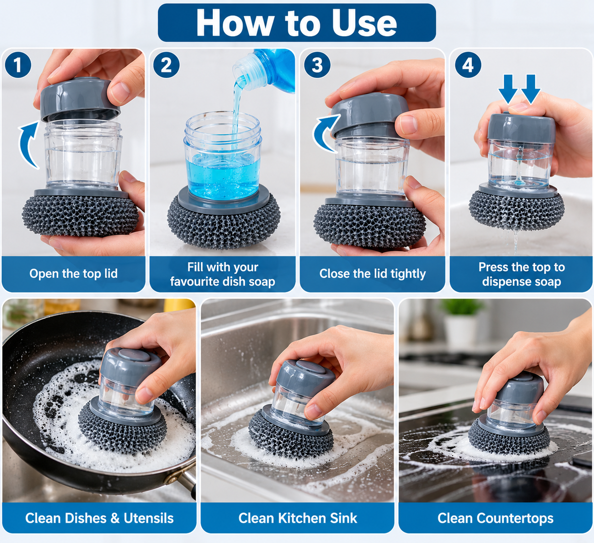 Kitchen Soap Dispensing Palm Brush Washing